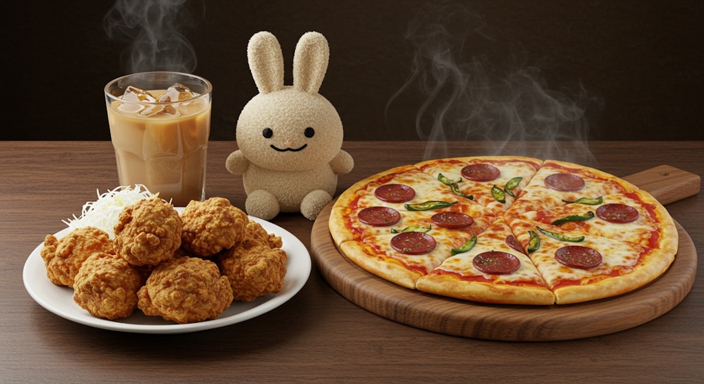 摩訶不思議食堂の唐揚げとピザのセット