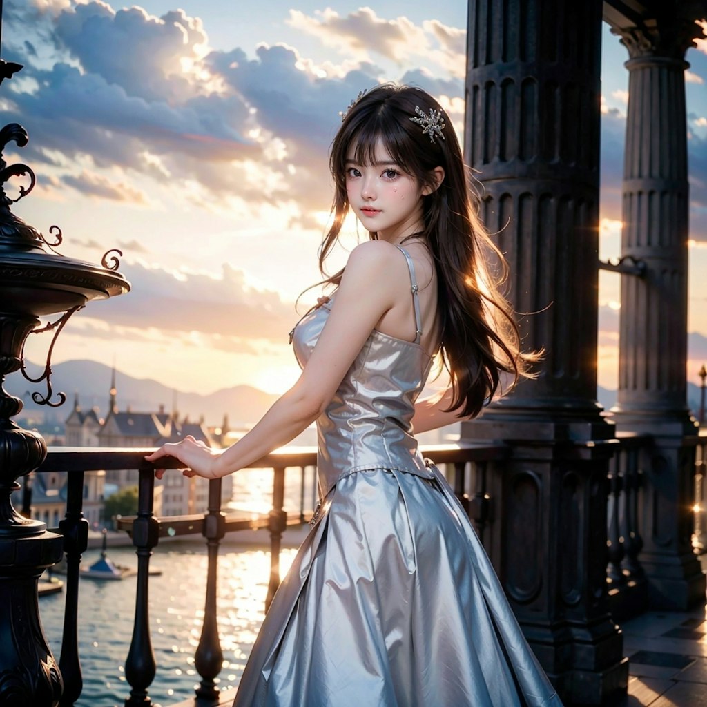 Silver dress princess standing on the balcony of a Western castle at twilight