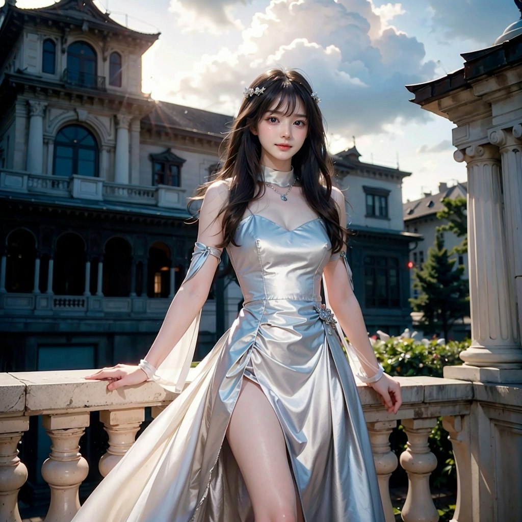 Silver dress princess standing on the balcony of a Western castle at twilight