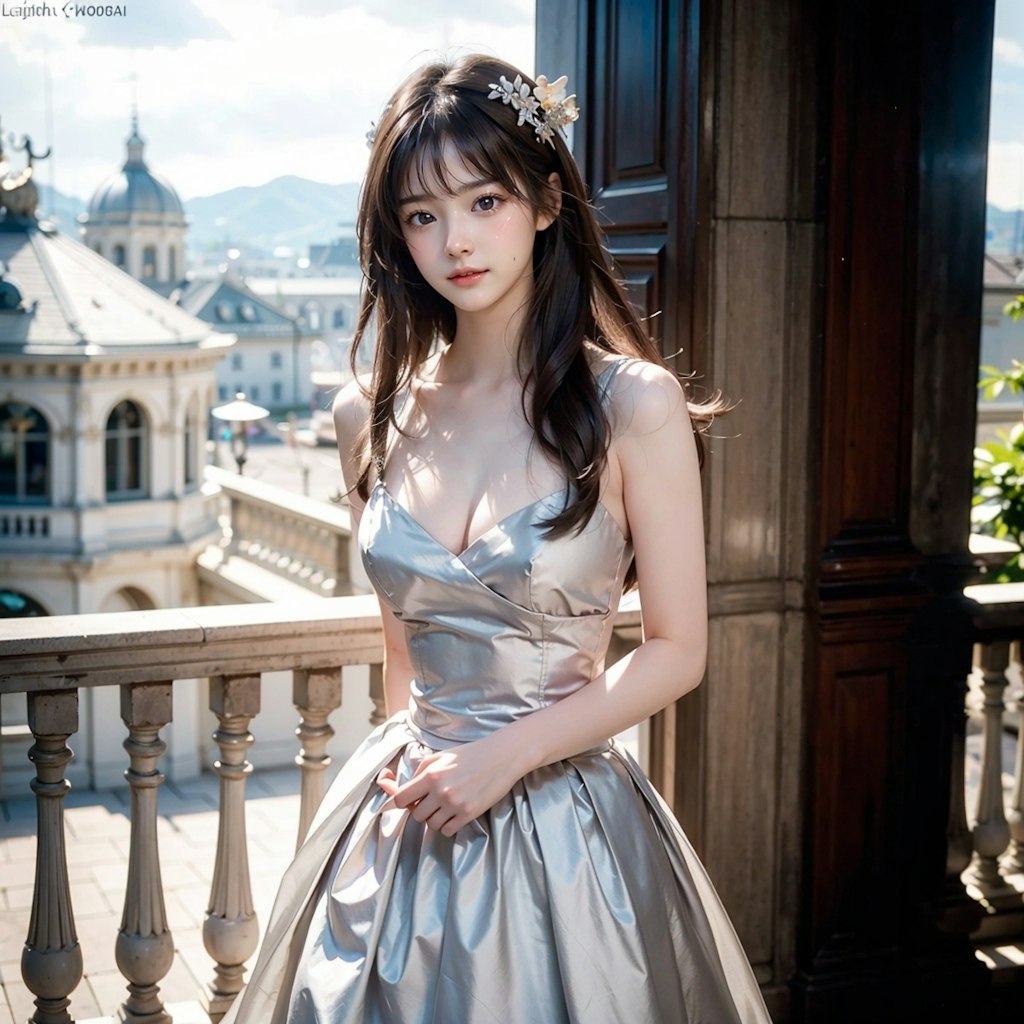 Silver dress princess standing on the balcony of a Western castle at twilight