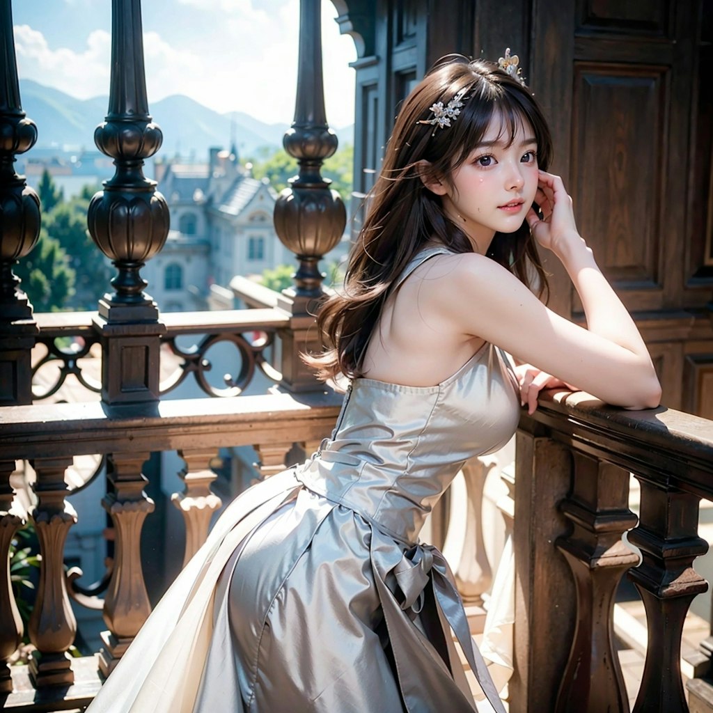 Silver dress princess standing on the balcony of a Western castle at twilight