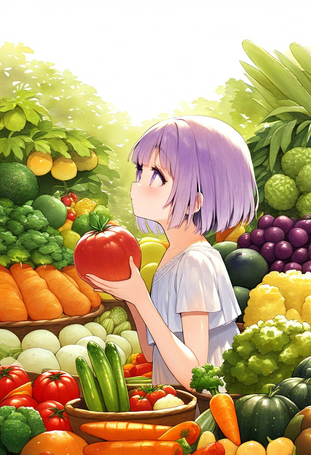 たくさんの野菜と果物に囲まれた紫音ちゃん