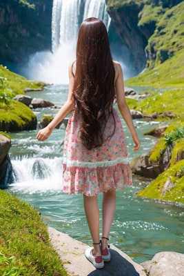 滝を見る女性