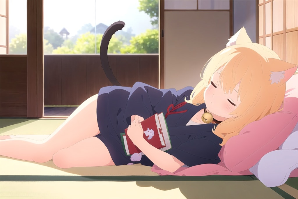 OPPAIじゃなかったOPALで読書寝猫耳娘のプロンプト。📖🐱💤