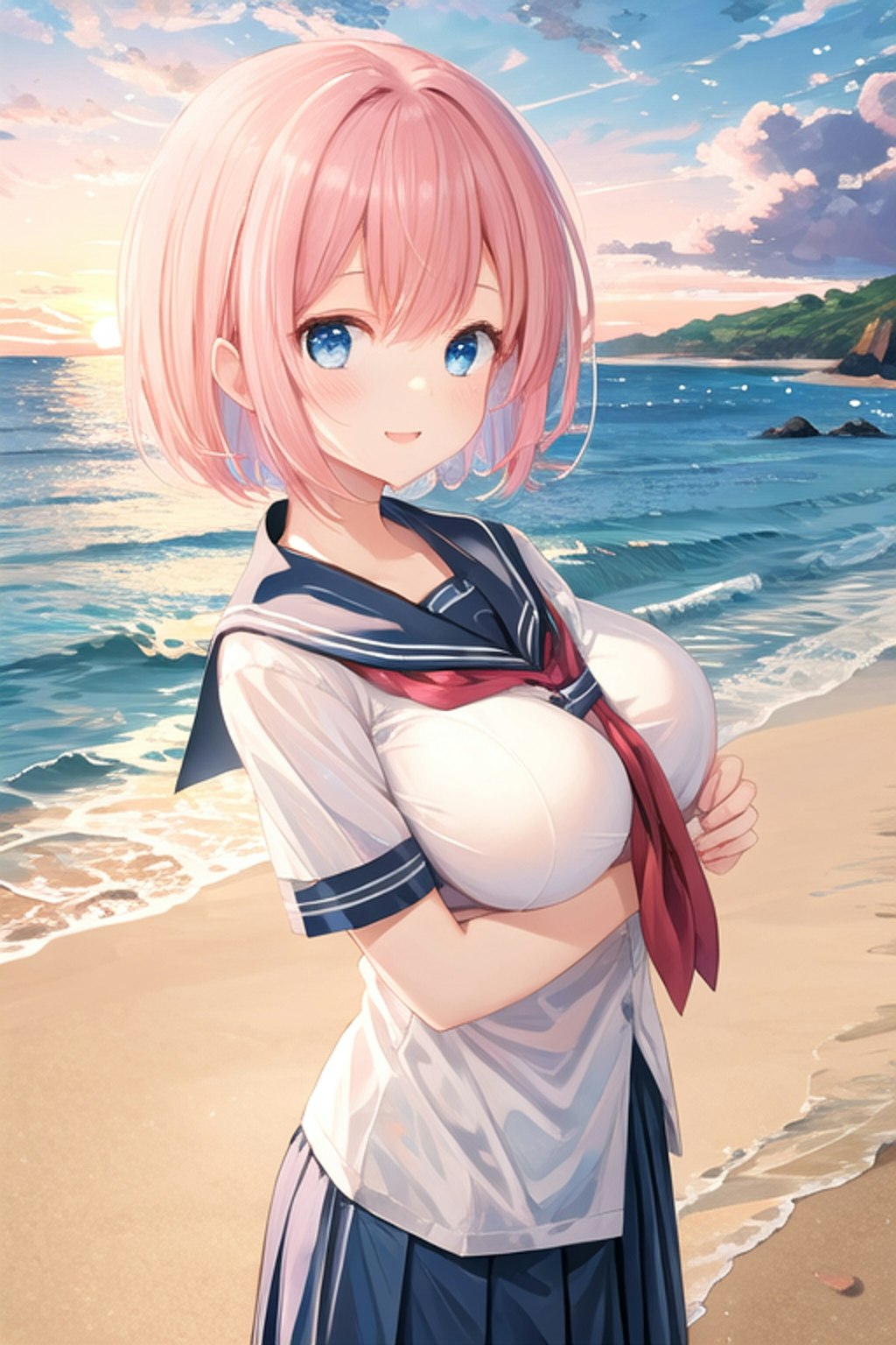 夕方の海とセーラー服の女の子