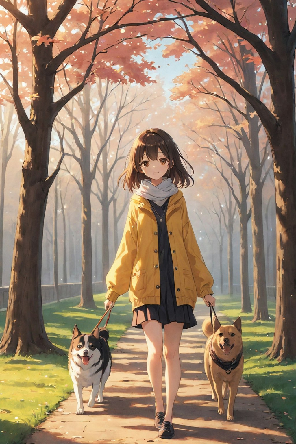 早朝の公園で犬の散歩をしている可愛い女性