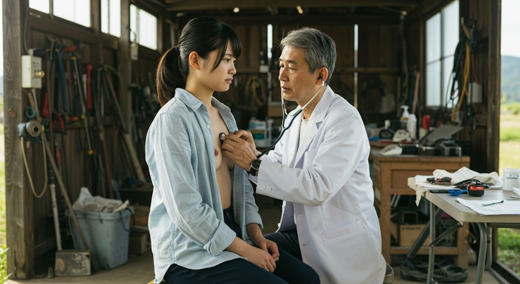農村で、胸の診察