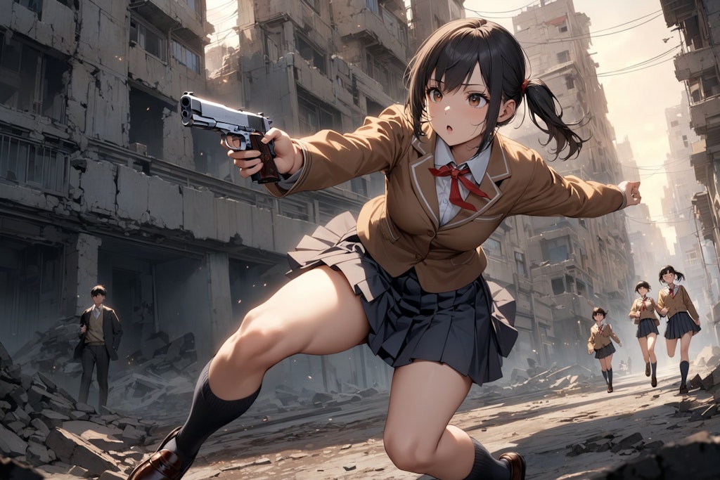 廃墟で銃を手にする女の子