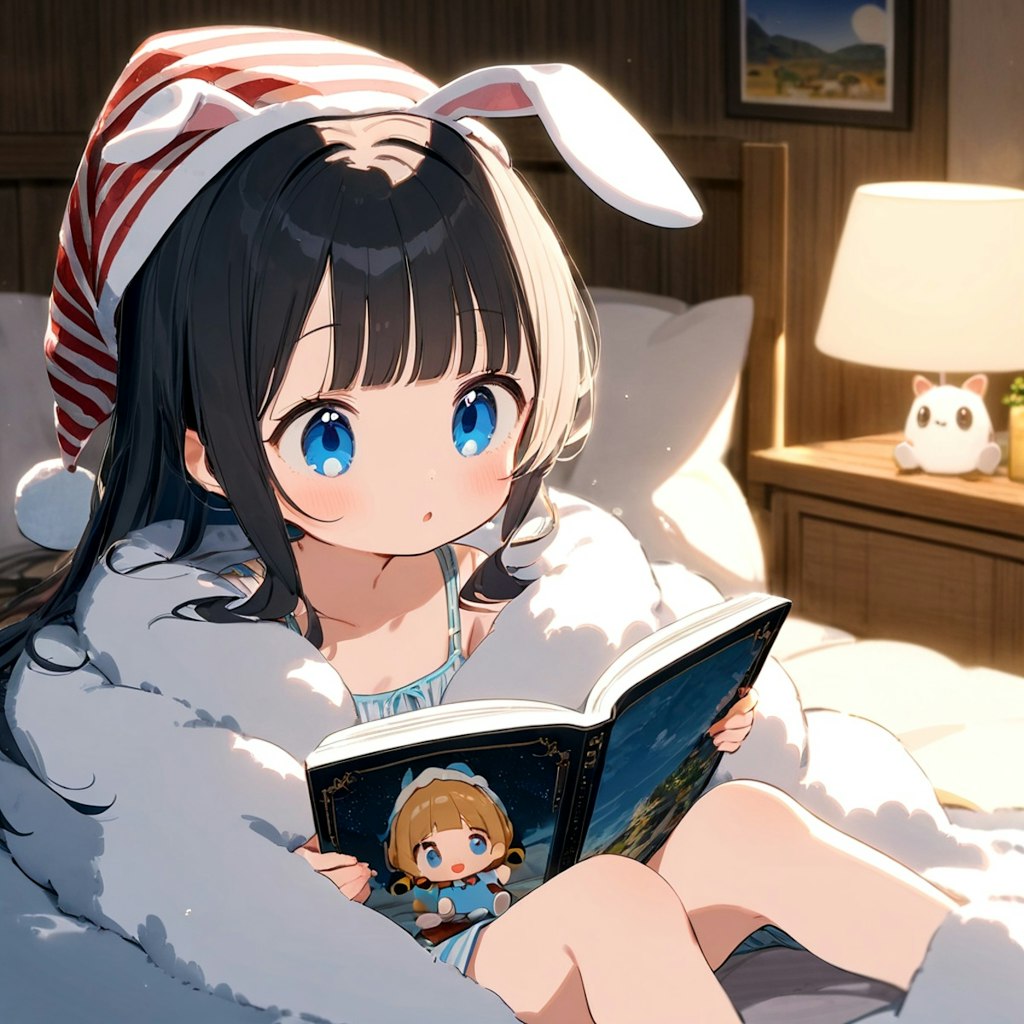 寝る前に本を読む小さな女の子