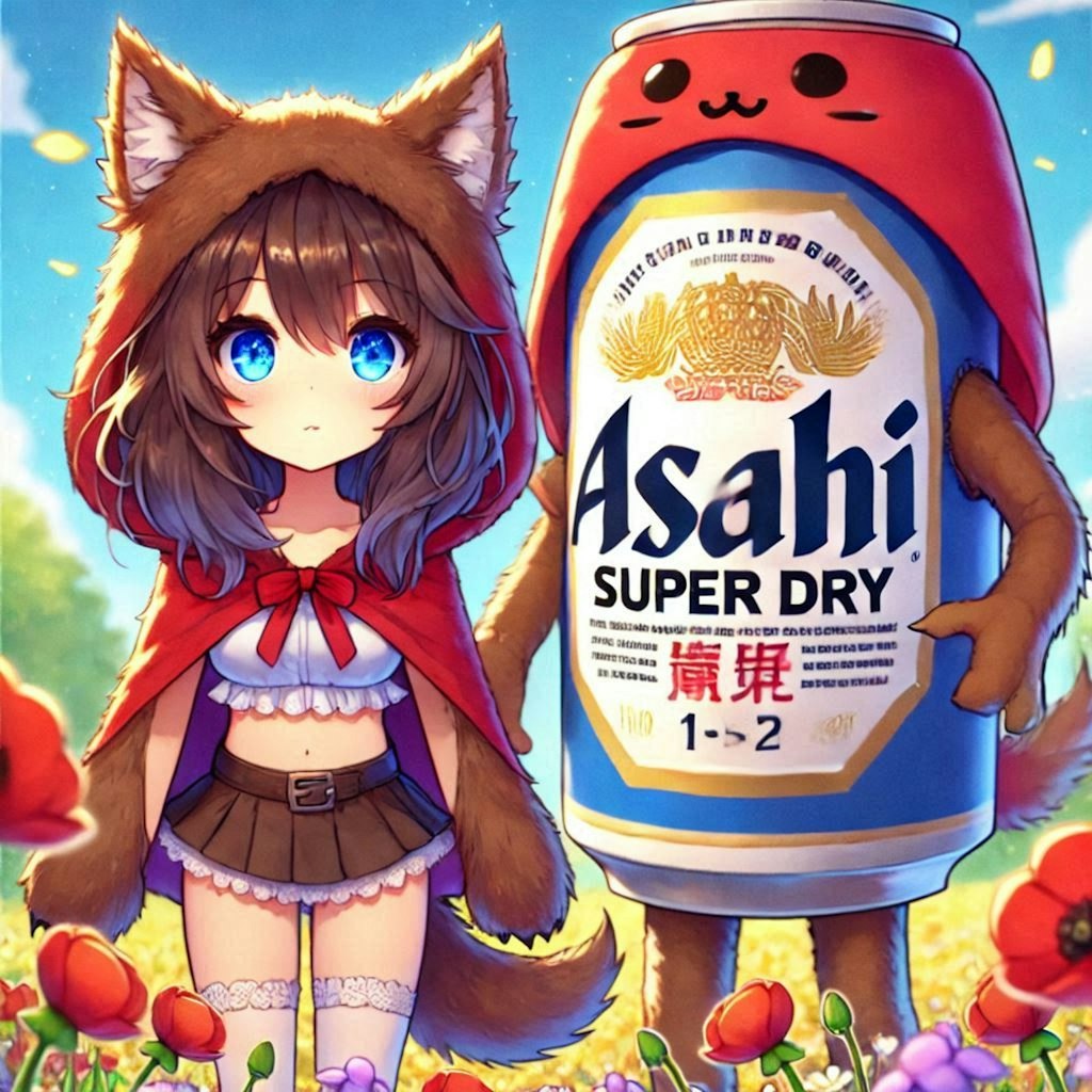 赤い頭巾のビール缶とオオカミの小さな女の子