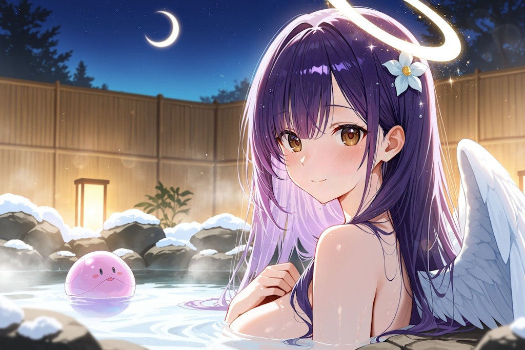 天使さん温泉で休憩中（北国出張中の温泉にて）