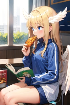 からあげ食べながら、本を読んでるスポーツウェアの天使の子 | の人気AIイラスト・グラビア
