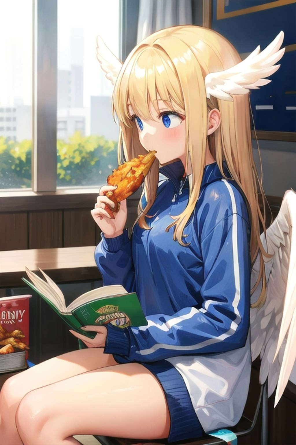 からあげ食べながら、本を読んでるスポーツウェアの天使の子
