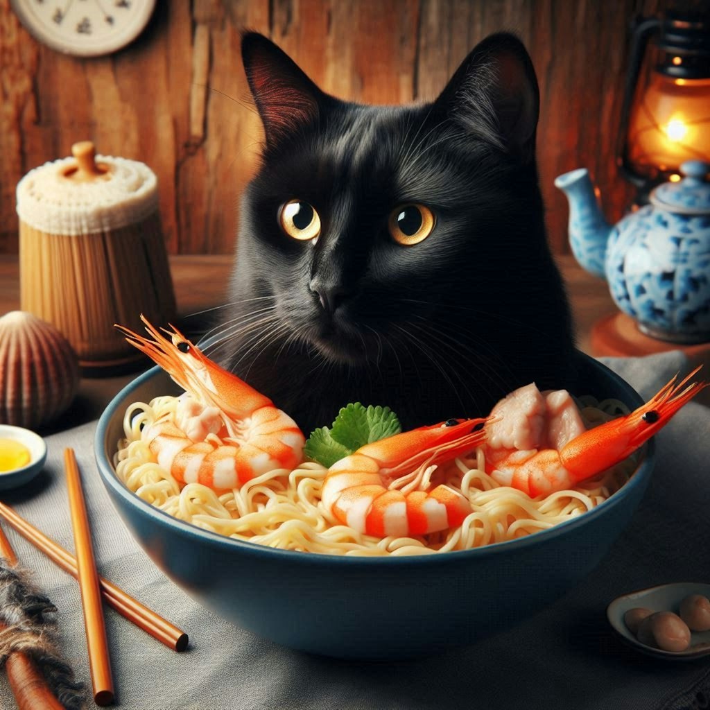 黒猫とseafood noodle