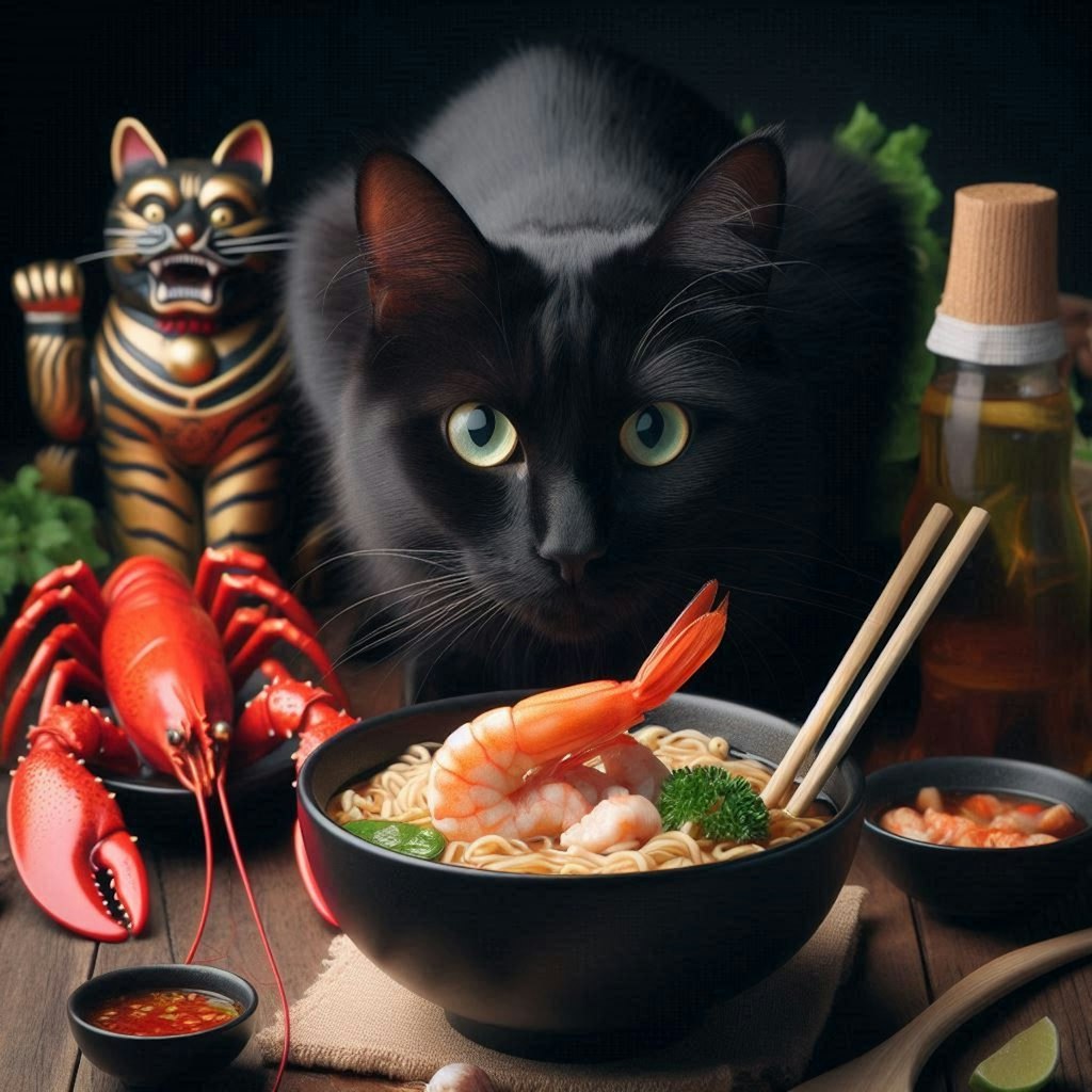 黒猫とseafood noodle