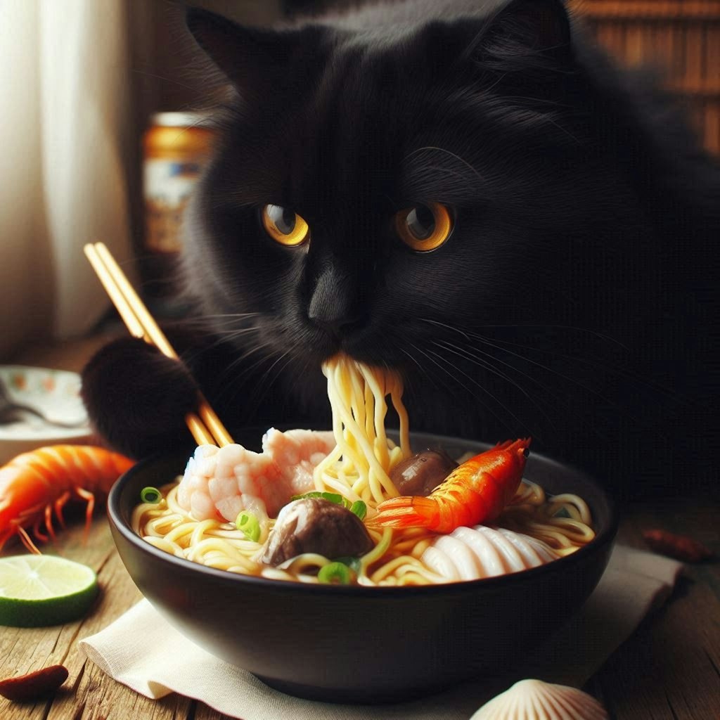 黒猫とseafood noodle