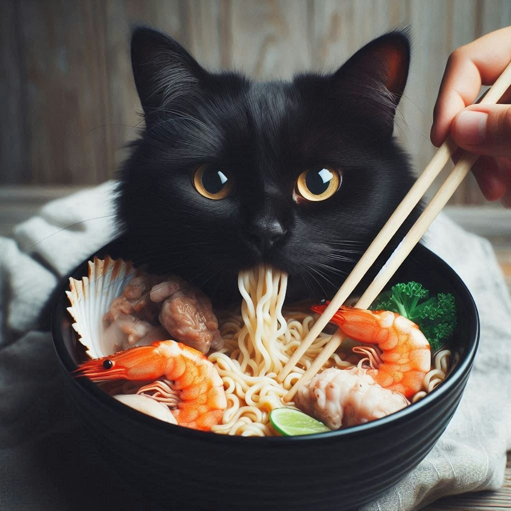 黒猫とseafood noodle