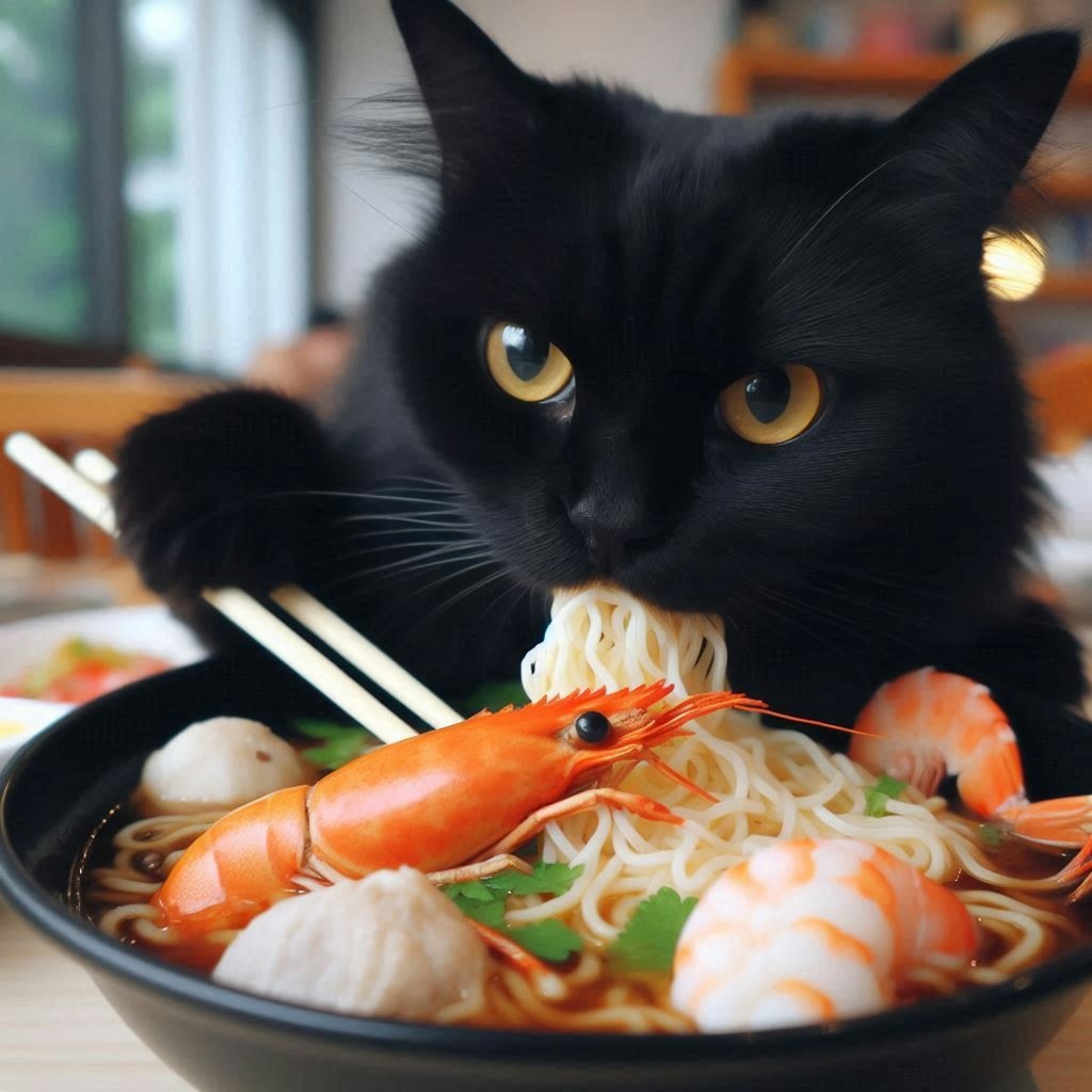 黒猫とseafood noodle