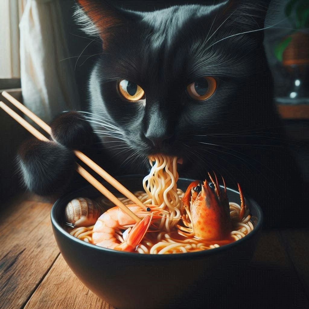 黒猫とseafood noodle