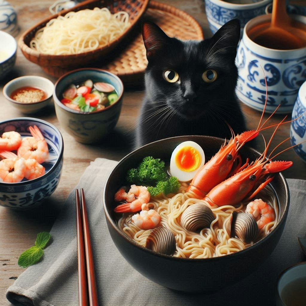 黒猫とseafood noodle