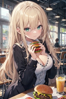 ハンバーガーを嬉しそうに食べる彼女