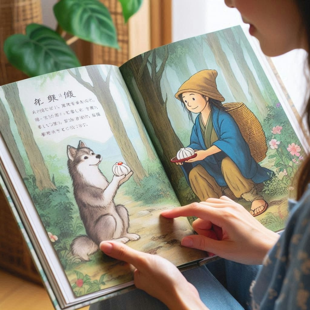 桃太郎の絵本を読む