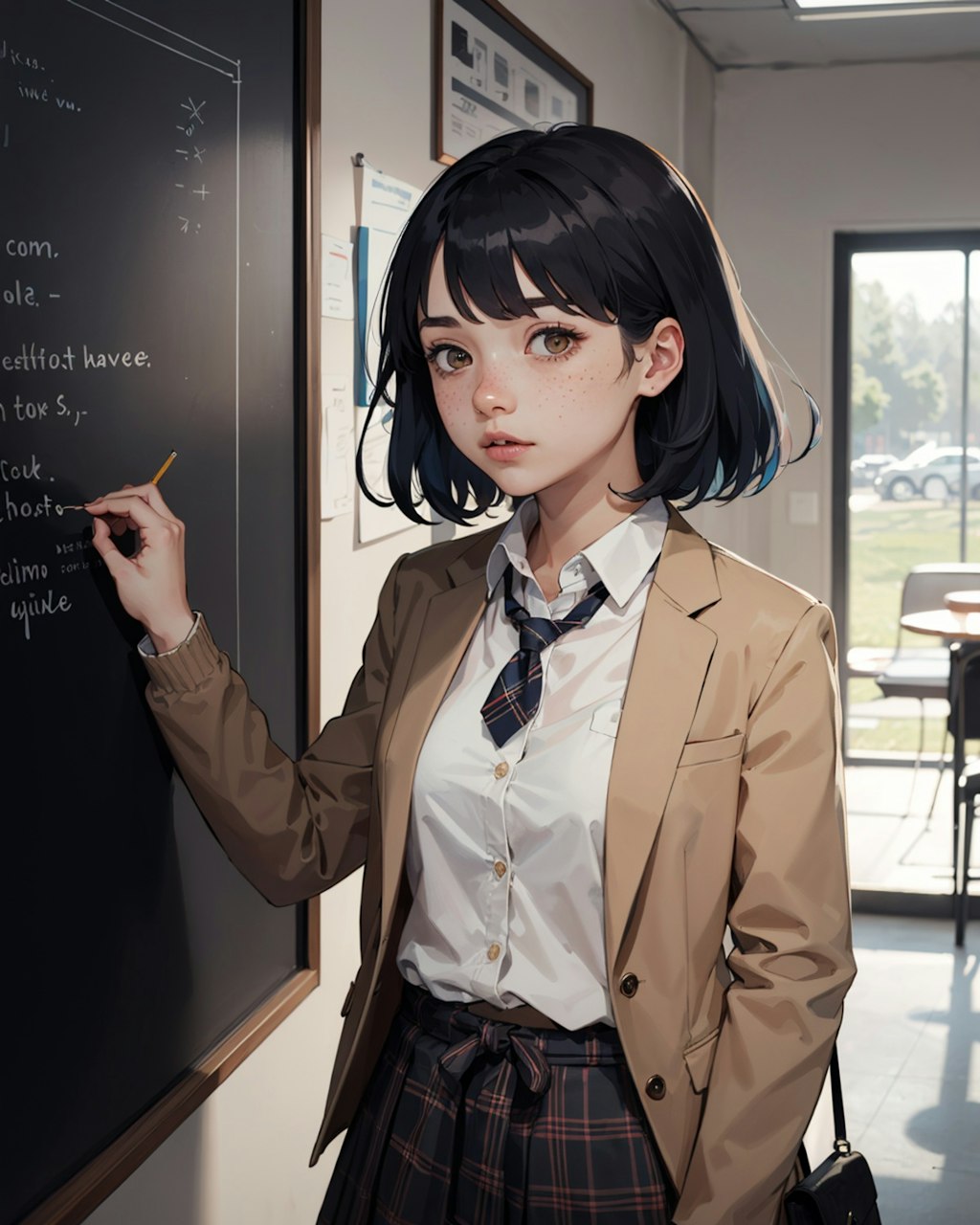 学生服,黒板前,チェック柄