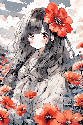大輪の赤い花と黒髪の少女