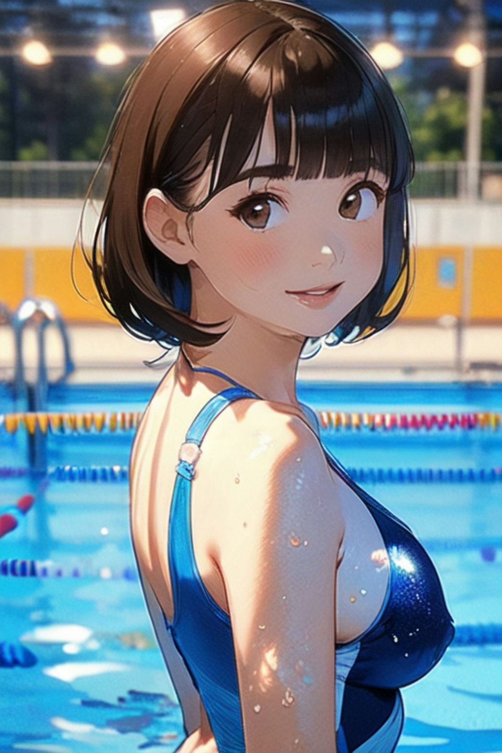 プールと競泳水着と女子高校生と