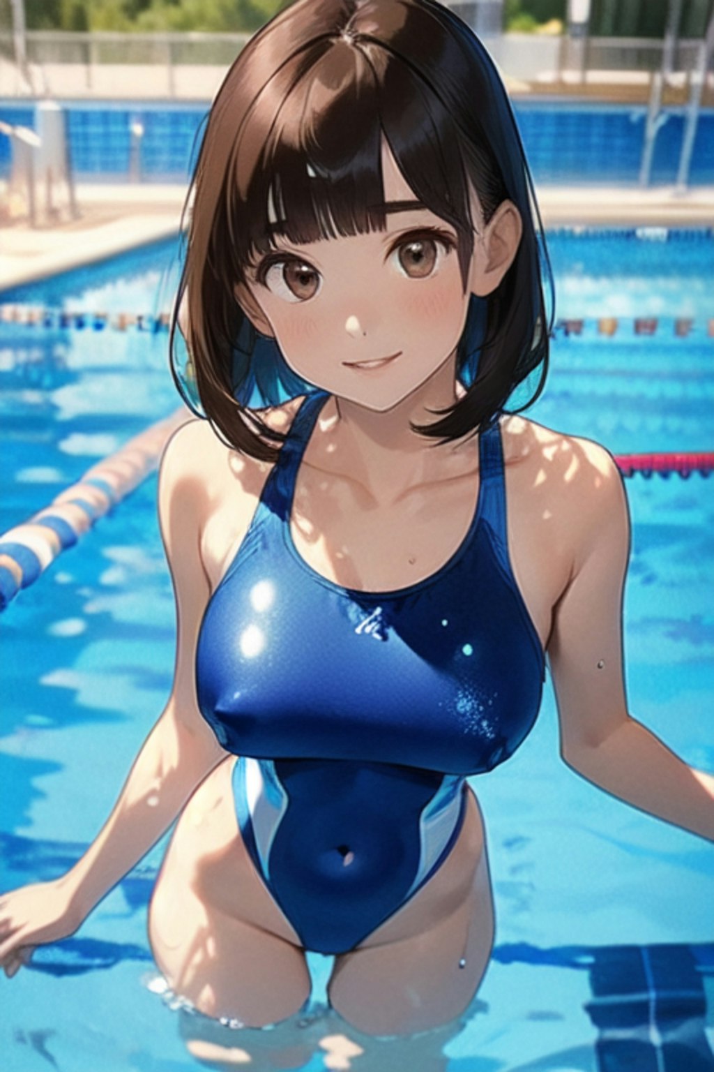 プールと競泳水着と女子高校生と