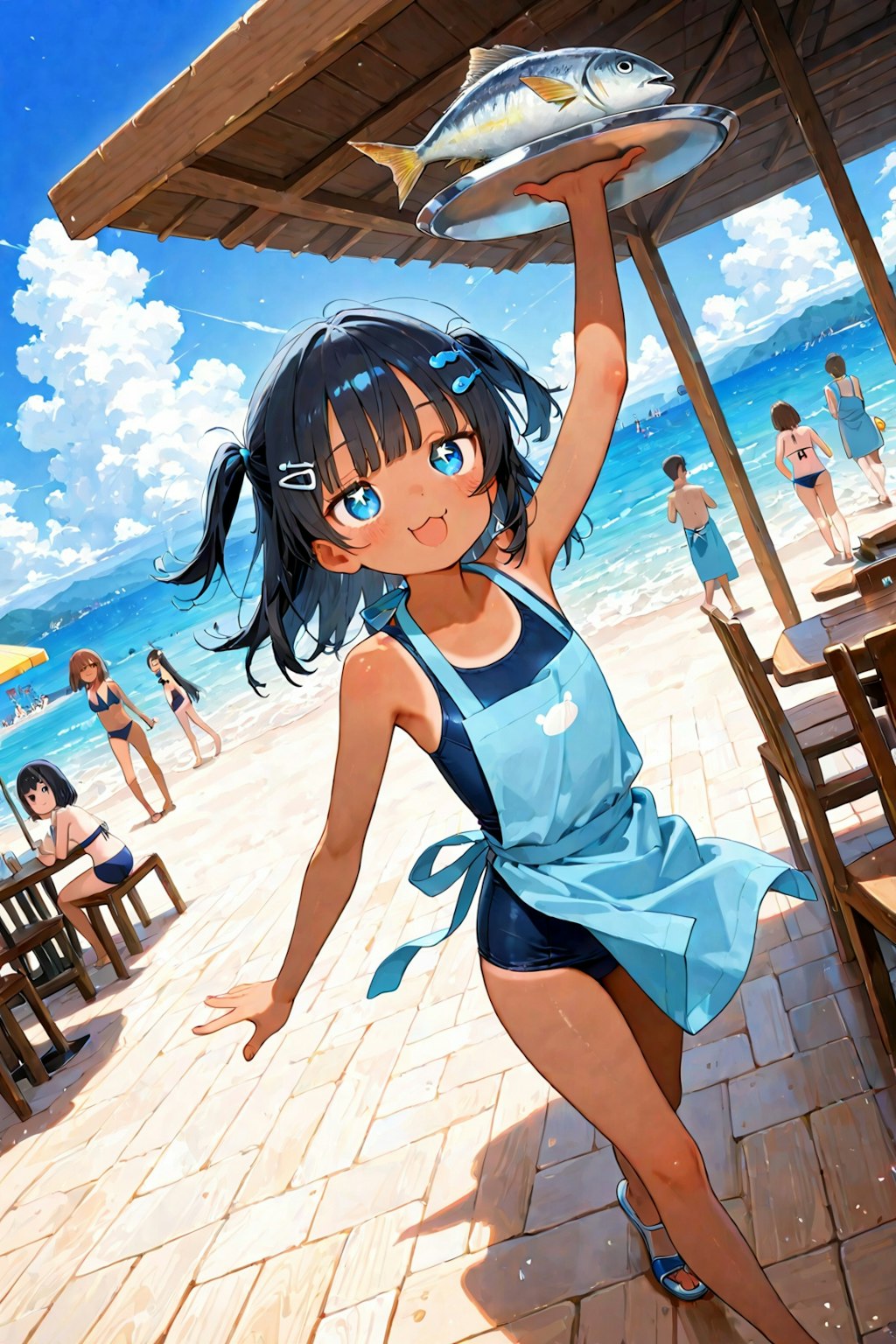 海の家でバイトするこなつ