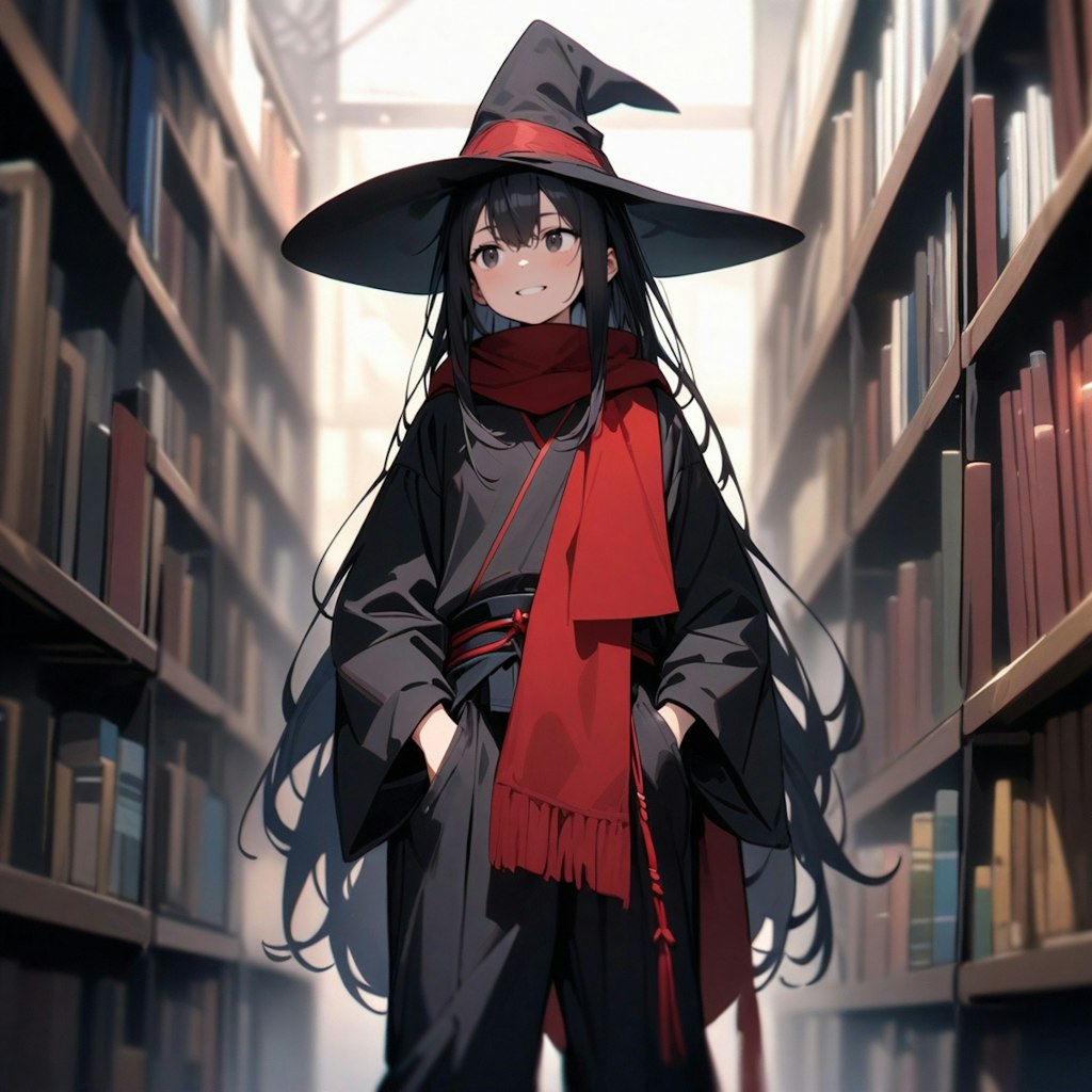 図書館で本を探す魔女