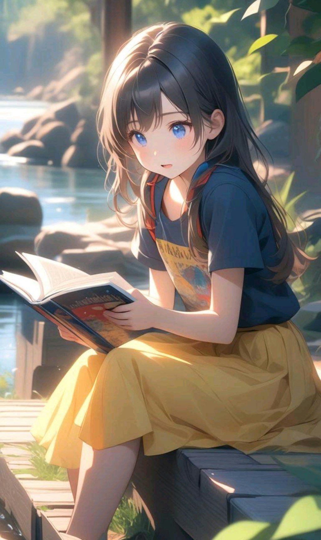 川辺で本を読む小さな女の子