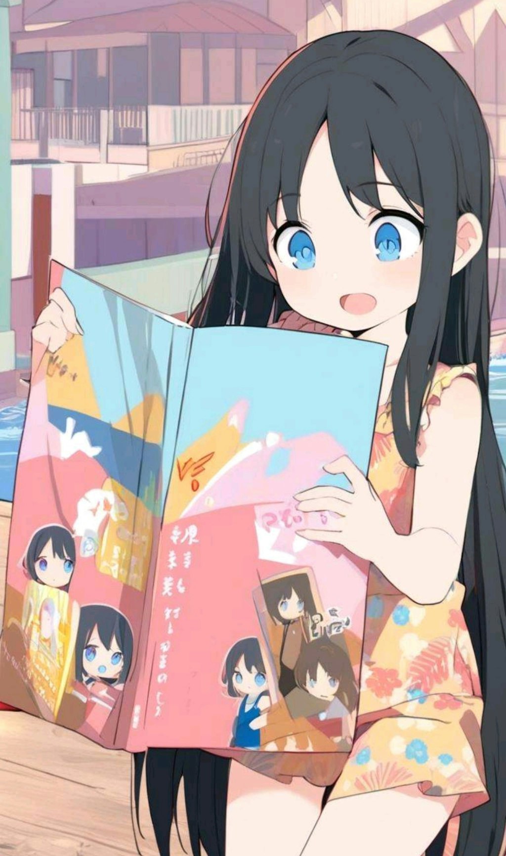 川辺で本を読む小さな女の子