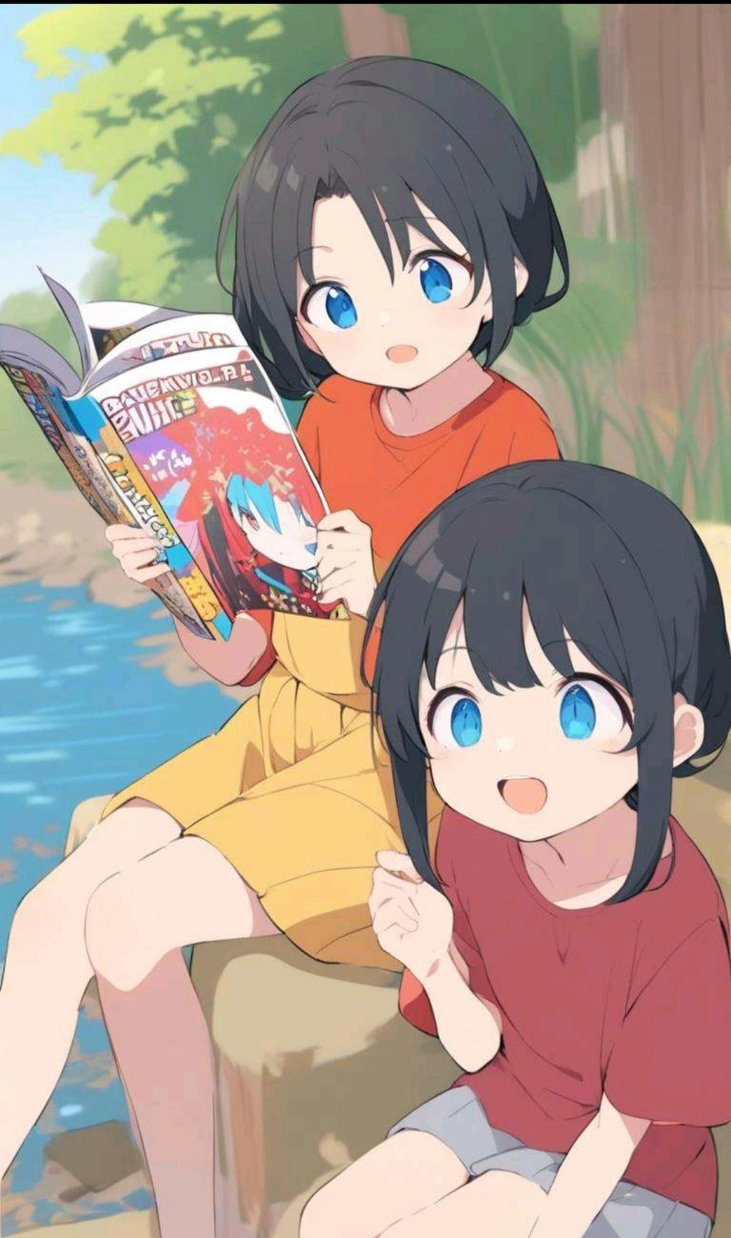 川辺で本を読む小さな女の子