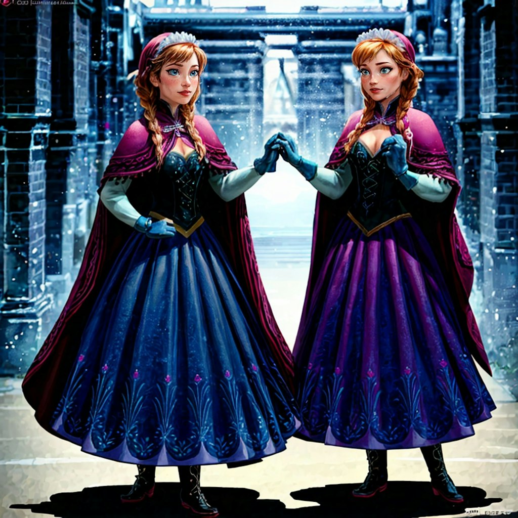 アナと雪の女王のアニメ風作画で描かれる魔法の城とアナの冒険