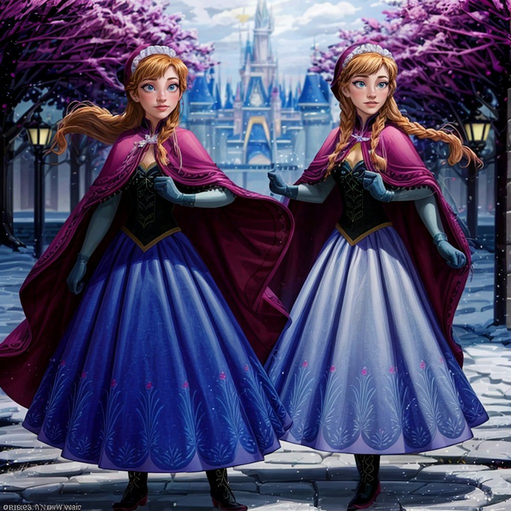 アナと雪の女王のアニメ風作画で描かれる魔法の城とアナの冒険