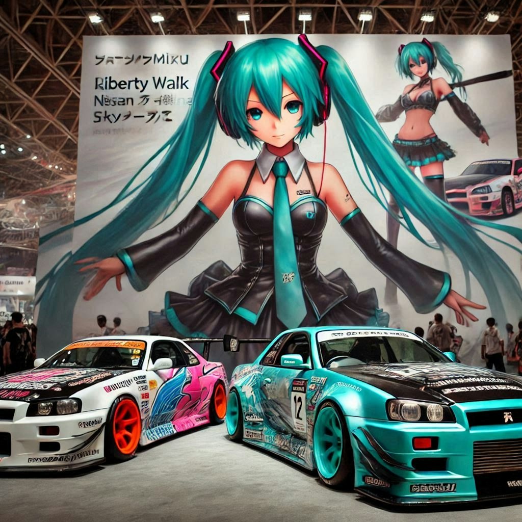 初音ミクキャラとリバティーウォーク日産スカイラインのドリ車