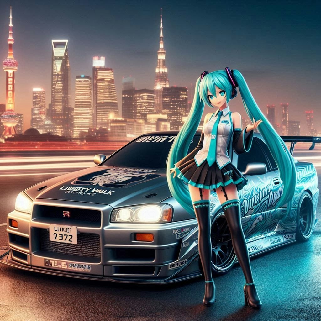 初音ミクキャラとリバティーウォーク日産スカイラインのドリ車