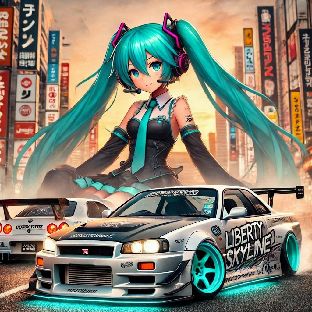 初音ミクキャラとリバティーウォーク日産スカイラインのドリ車