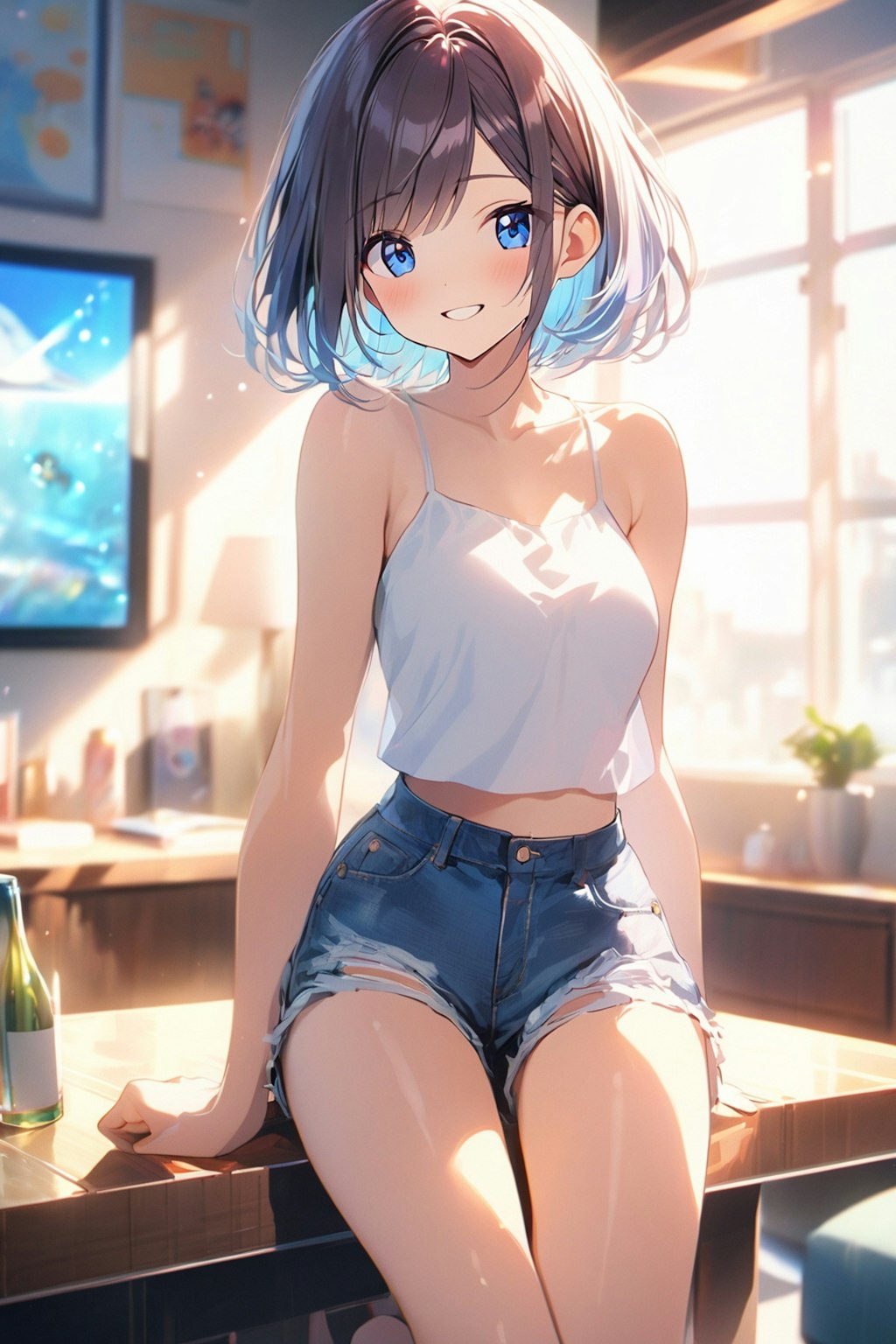 デニムショートパンツでノースリーブの女の子