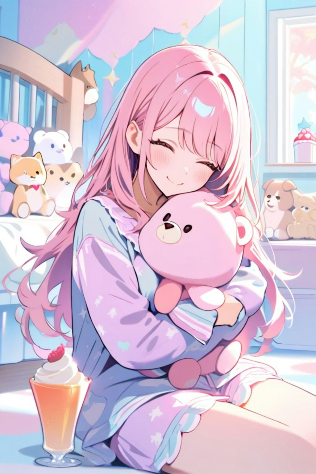 ぬいぐるみとピンク髪ちゃん