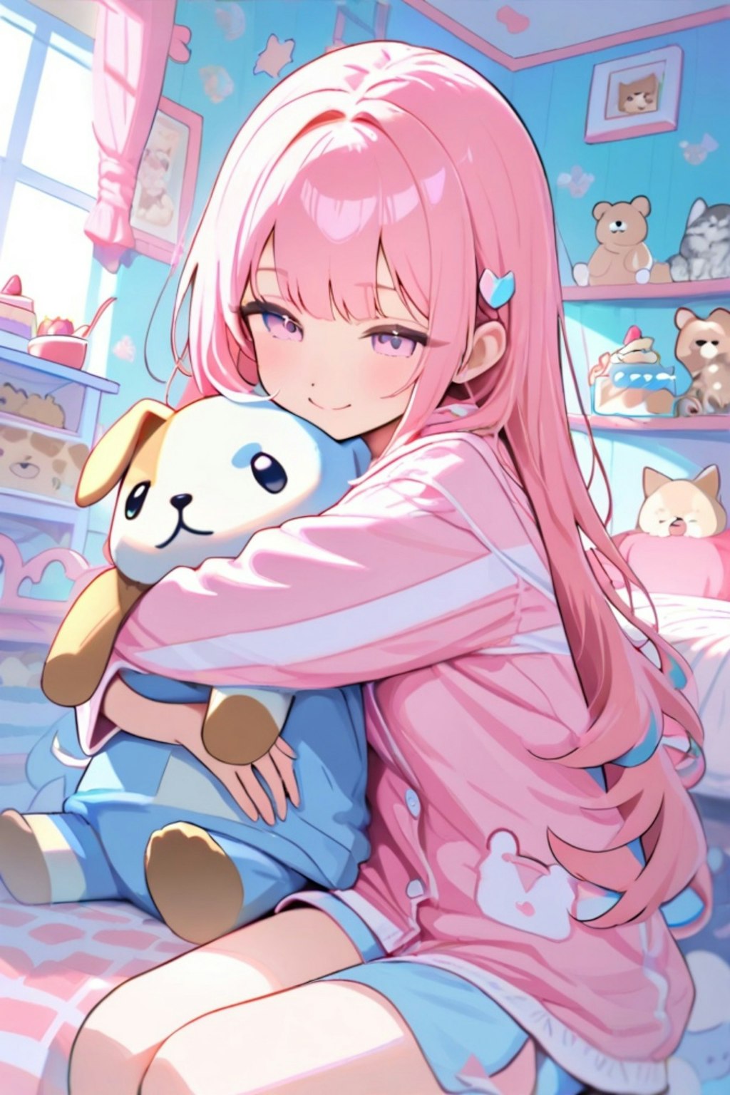 ぬいぐるみとピンク髪ちゃん