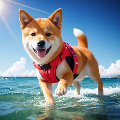 ビーチで救命胴衣を着ている柴犬