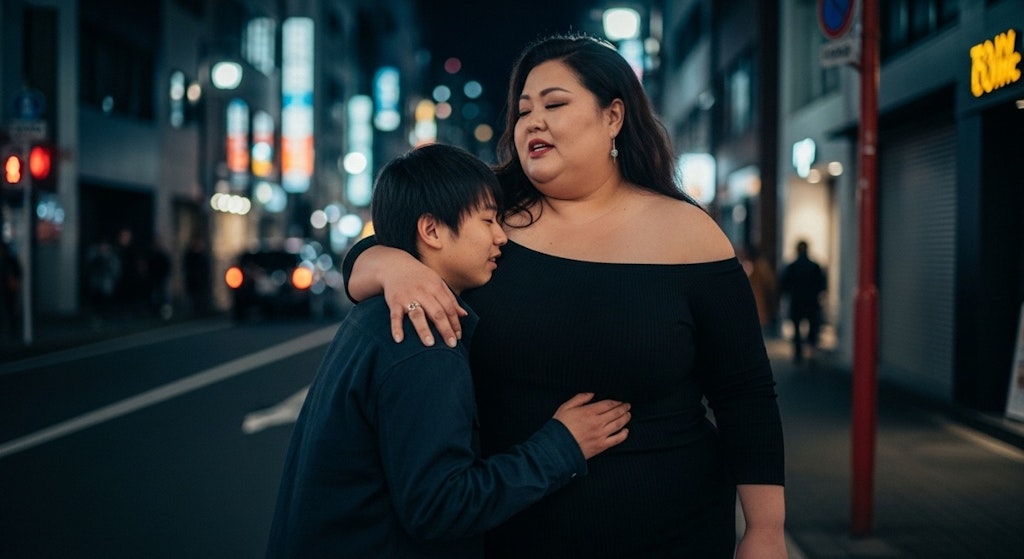 深夜の東京、男子大学生と巨体ママ