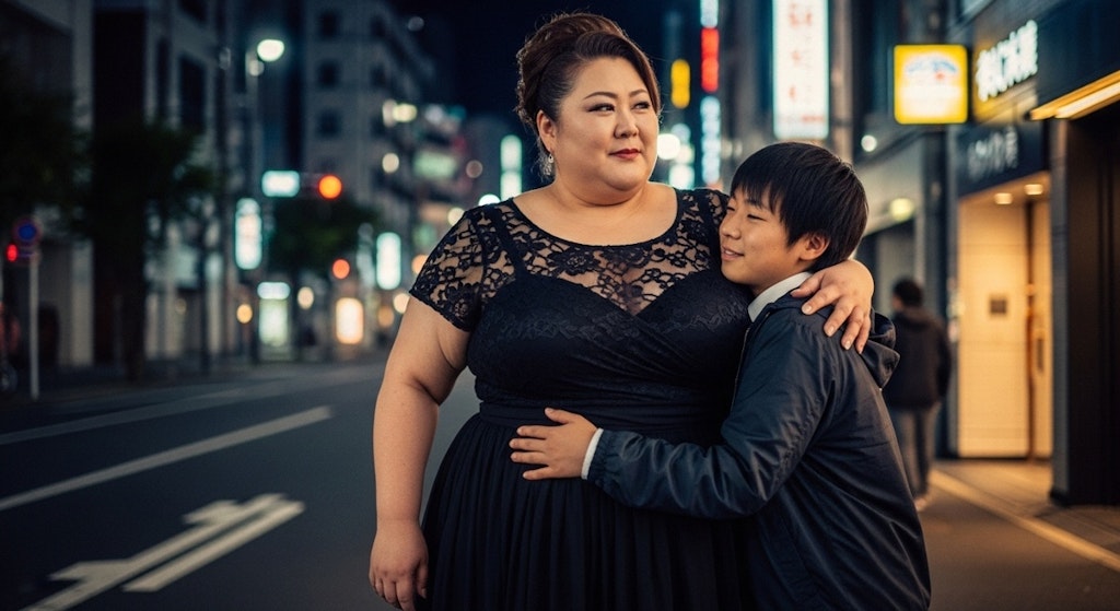 深夜の東京、男子大学生と巨体ママ