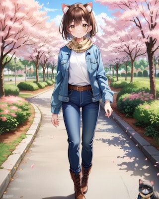春の桜並木を歩くデニムファッションの猫娘