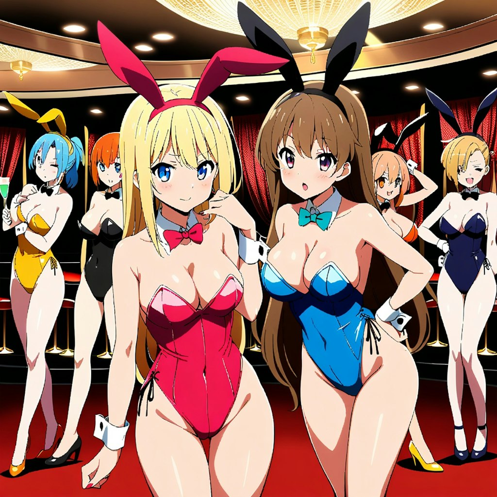 6+ anime girls, playboy bunny girl,casino background