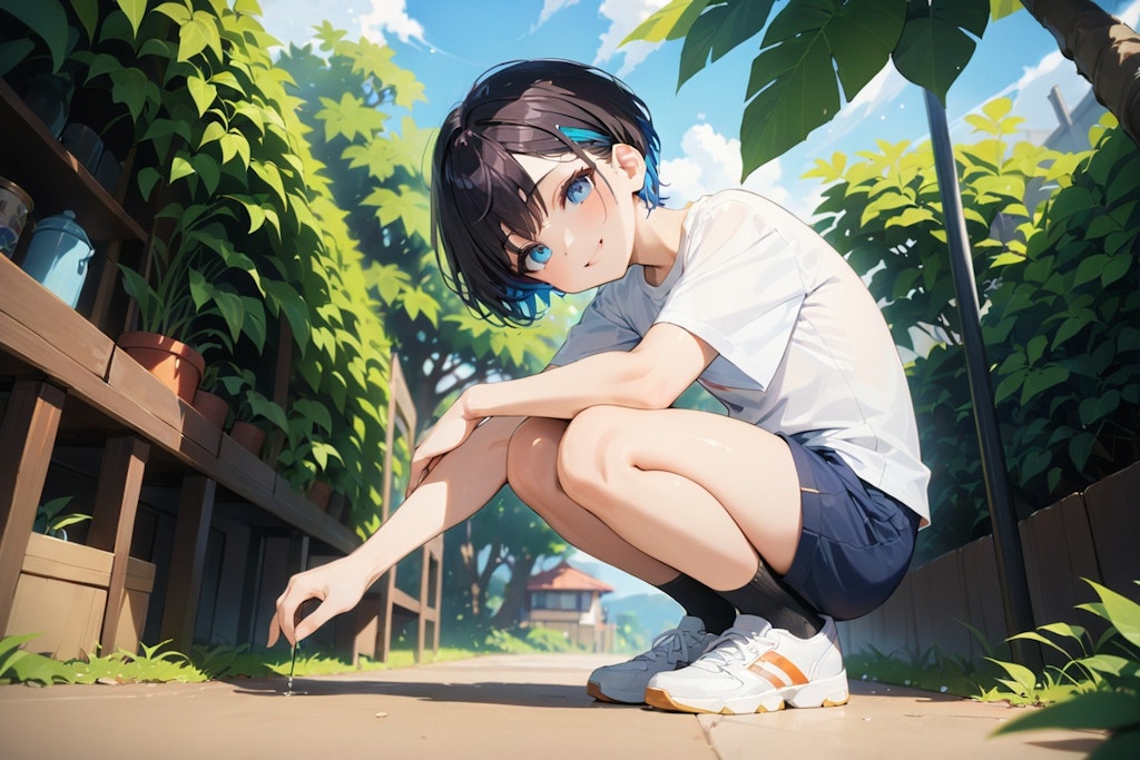 A boy squatting on a quiet walk