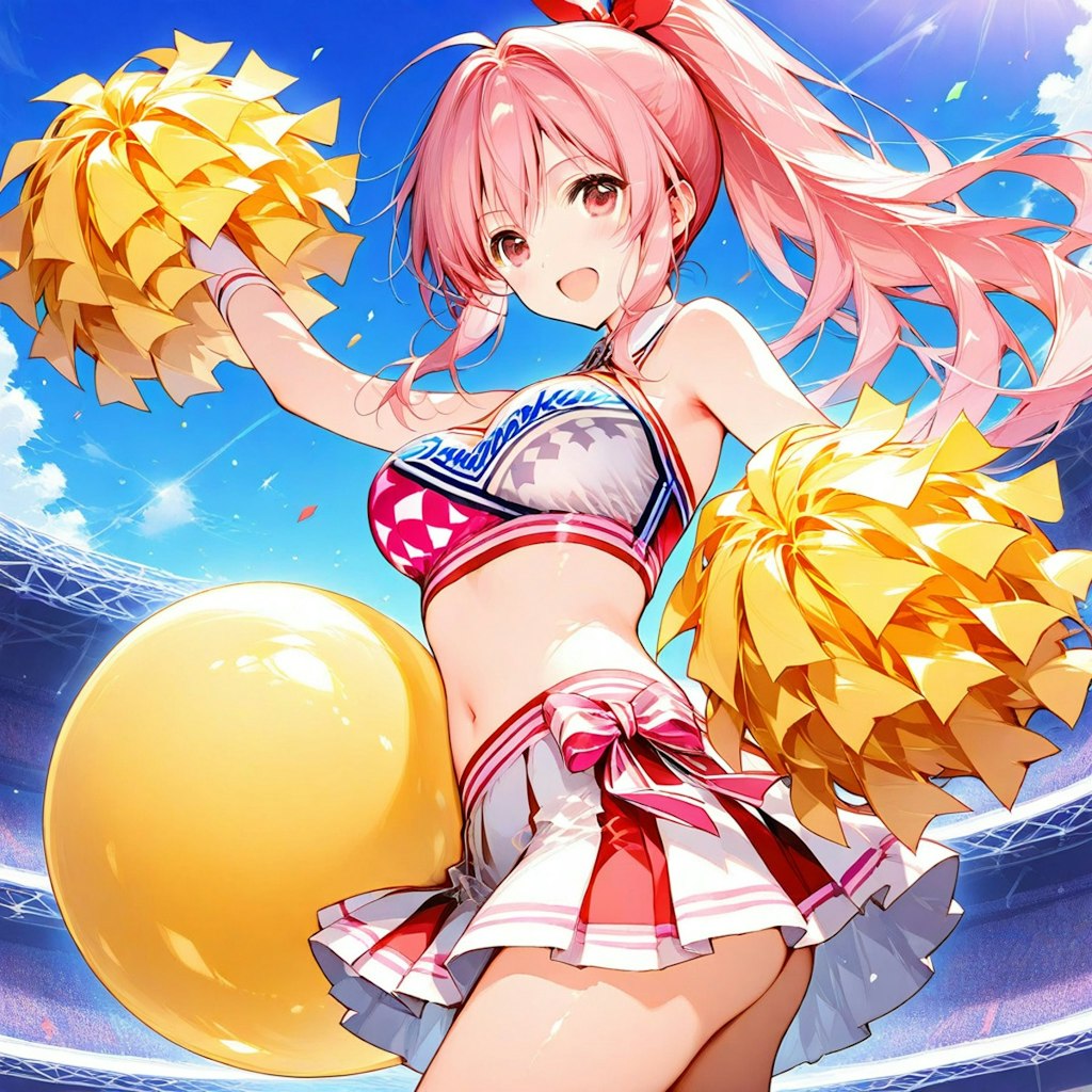 黄色い巨大風船を持つピンク髪ポニーテールのチアガールの美女